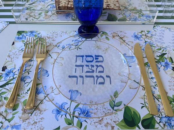 Passover placemats, Blue Floral, Set of 12 paper placemats