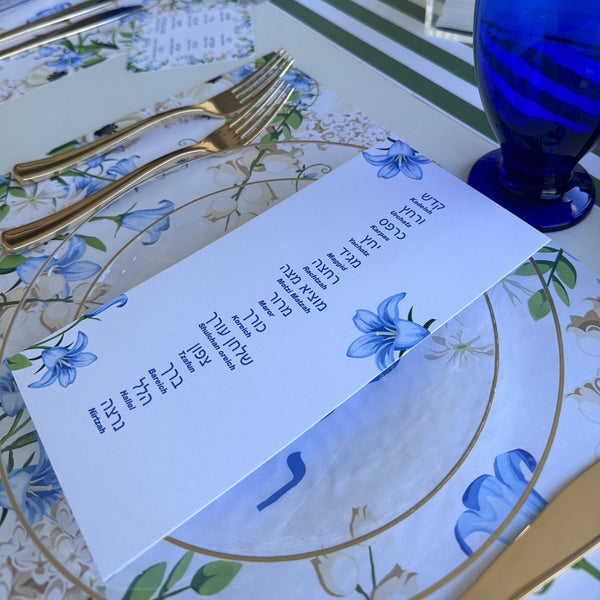 Passover 3 x SET - 12 Placemats + 12 seder cards + 12 coasters plagues Blue Floral