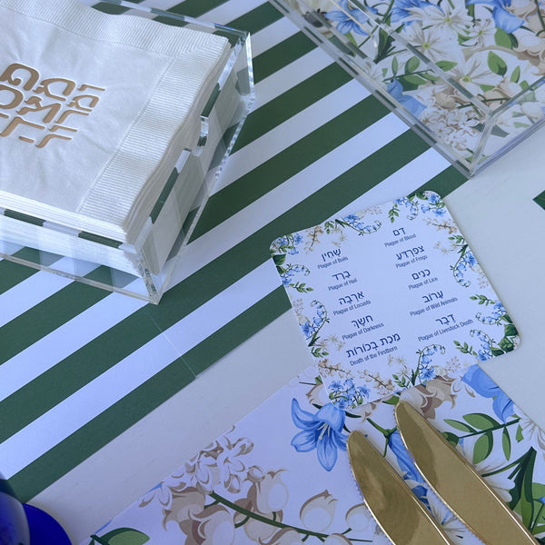 Passover 3 x SET - 12 Placemats + 12 seder cards + 12 coasters plagues Blue Floral
