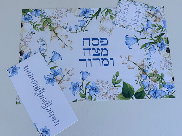 Passover 3 x SET - 12 Placemats + 12 seder cards + 12 coasters plagues Blue Floral