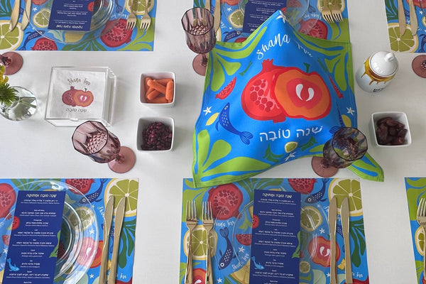Rosh Hashanah table set for 12 ppl - Placemats, Challah Cover, Napkins and Simanim Cards - Blue Abstract