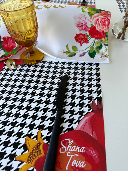 Rosh Hashanah table set for 12 ppl - Placemats, Challah Cover, Napkins and Simanim Cards - Houndstooth Pom