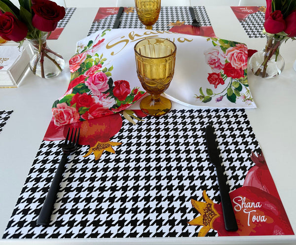 Rosh Hashanah table set for 12 ppl - Placemats, Challah Cover, Napkins and Simanim Cards - Houndstooth Pom