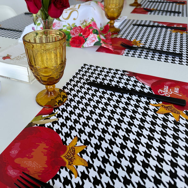 Rosh Hashanah table set for 12 ppl - Placemats, Challah Cover, Napkins and Simanim Cards - Houndstooth Pom
