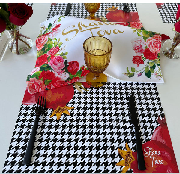 Rosh Hashanah table set for 12 ppl - Placemats, Challah Cover, Napkins and Simanim Cards - Houndstooth Pom