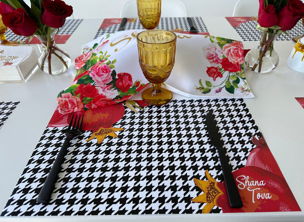Rosh Hashanah table set for 12 ppl - Placemats, Challah Cover, Napkins and Simanim Cards - Houndstooth Pom