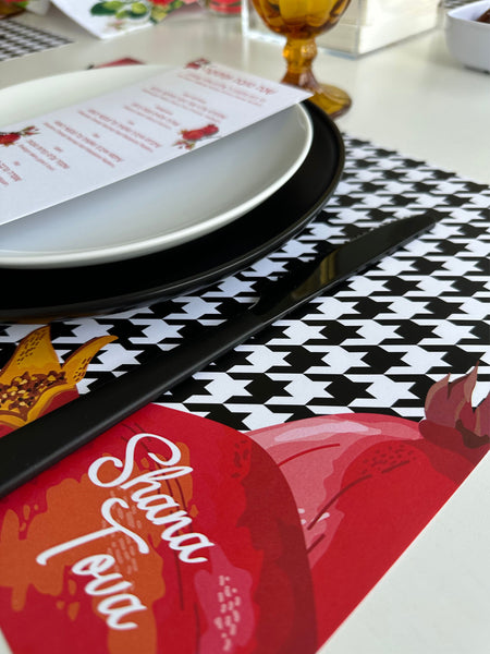 Rosh Hashanah table set for 12 ppl - Placemats, Challah Cover, Napkins and Simanim Cards - Houndstooth Pom