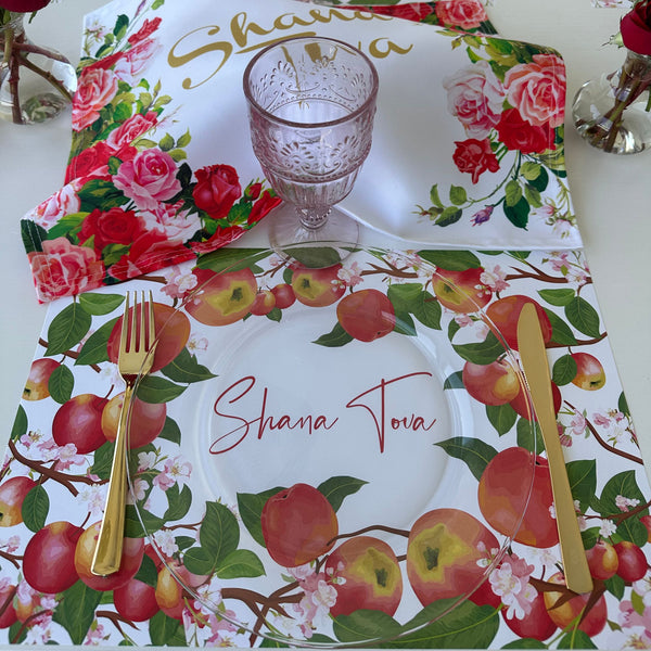 Rosh Hashanah table set for 12 ppl - Placemats, Challah Cover, Napkins and Simanim Cards - Apples