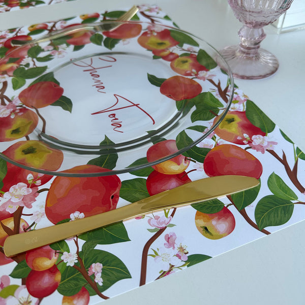 Rosh Hashanah table set for 12 ppl - Placemats, Challah Cover, Napkins and Simanim Cards - Apples