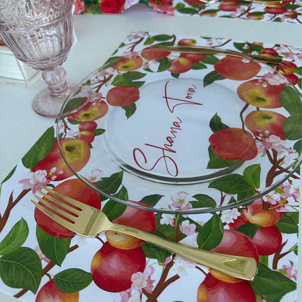 Rosh Hashanah table set for 12 ppl - Placemats, Challah Cover, Napkins and Simanim Cards - Apples