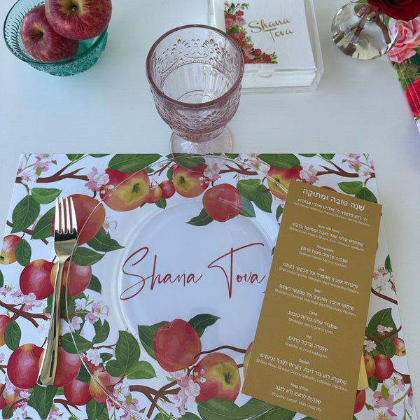 Rosh Hashanah table set for 12 ppl - Placemats, Challah Cover, Napkins and Simanim Cards - Apples