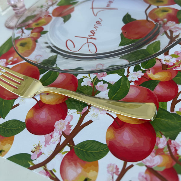 Rosh Hashanah table set for 12 ppl - Placemats, Challah Cover, Napkins and Simanim Cards - Apples