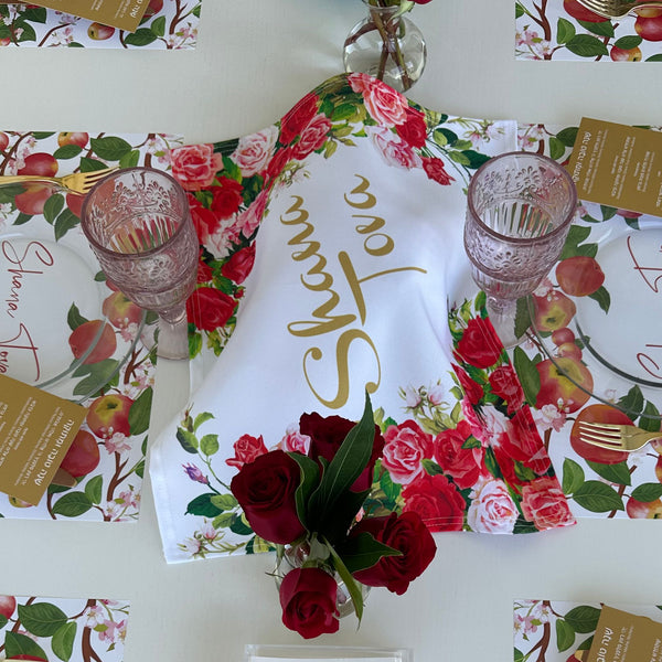 Rosh Hashanah table set for 12 ppl - Placemats, Challah Cover, Napkins and Simanim Cards - Apples