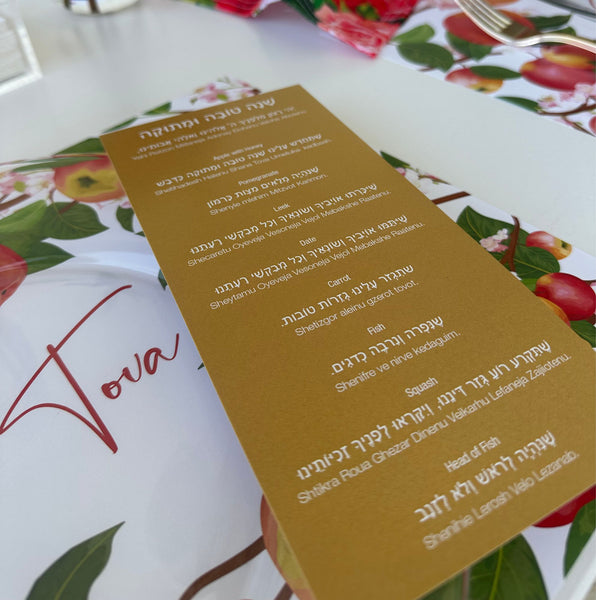 Rosh Hashanah table set for 12 ppl - Placemats, Challah Cover, Napkins and Simanim Cards - Apples