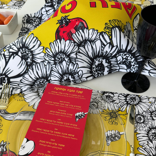 Rosh Hashanah table set for 12 ppl - Placemats, Challah Cover, Napkins and Simanim Cards - White florals, pom, apple, honey,Shofar