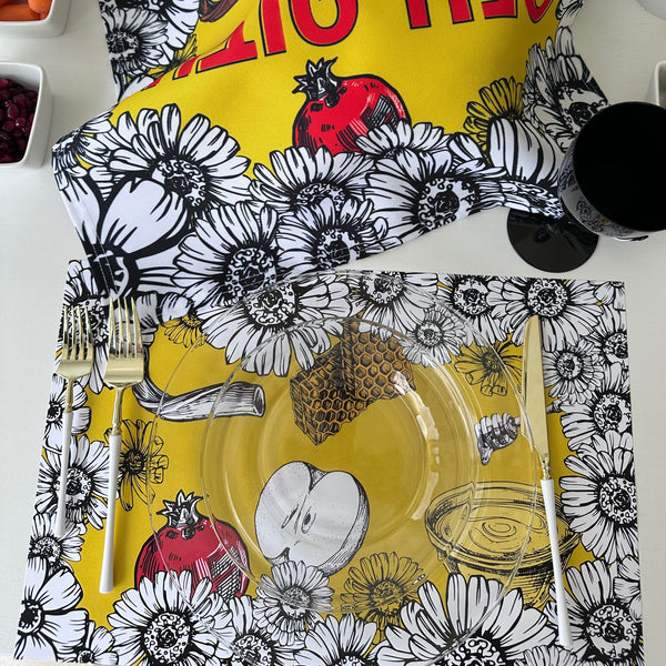 Rosh Hashanah table set for 12 ppl - Placemats, Challah Cover, Napkins and Simanim Cards - White florals, pom, apple, honey,Shofar