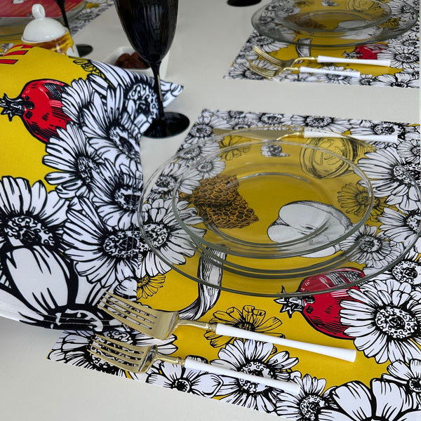 Rosh Hashanah table set for 12 ppl - Placemats, Challah Cover, Napkins and Simanim Cards - White florals, pom, apple, honey,Shofar