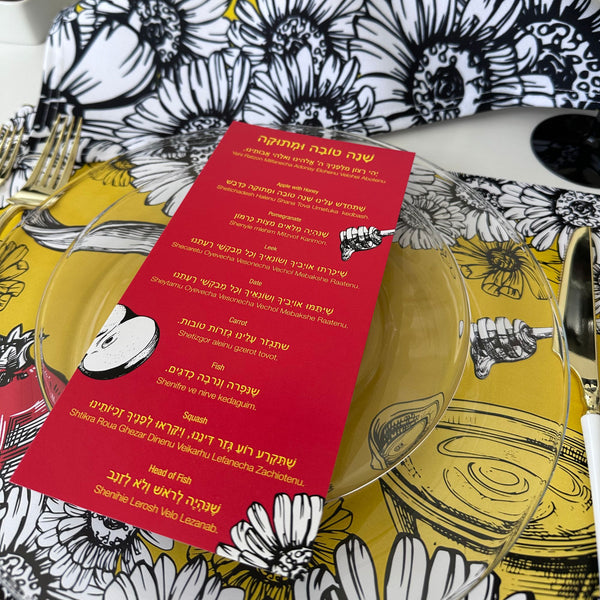 Rosh Hashanah table set for 12 ppl - Placemats, Challah Cover, Napkins and Simanim Cards - White florals, pom, apple, honey,Shofar