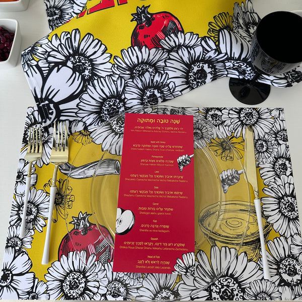 Rosh Hashanah table set for 12 ppl - Placemats, Challah Cover, Napkins and Simanim Cards - White florals, pom, apple, honey,Shofar