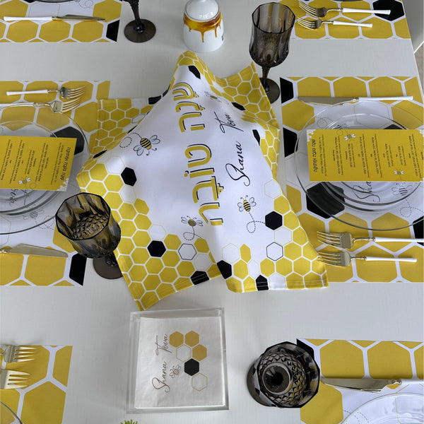 Rosh Hashanah table set for 12 ppl - Placemats, Challah Cover, Napkins and Simanim Cards - Bee & Honey