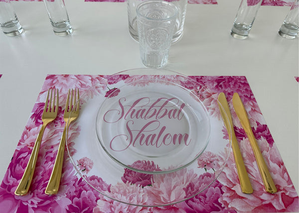 Shabbat Shalom pink peonies paper placemats