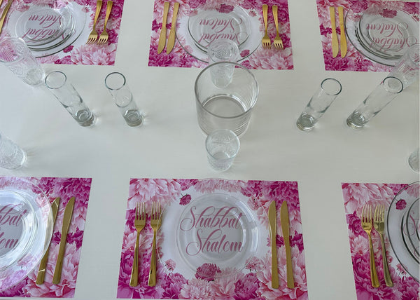 Shabbat Shalom pink peonies paper placemats