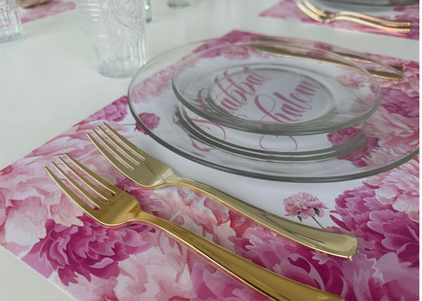 Shabbat Shalom pink peonies paper placemats