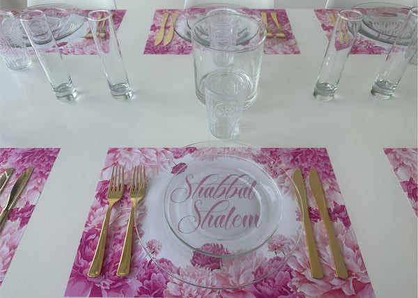 Shabbat Shalom pink peonies paper placemats