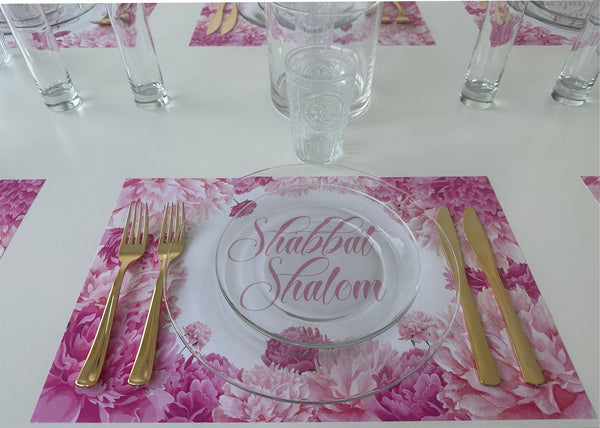 Shabbat Shalom pink peonies paper placemats