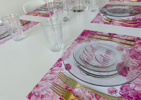 Shabbat Shalom pink peonies paper placemats
