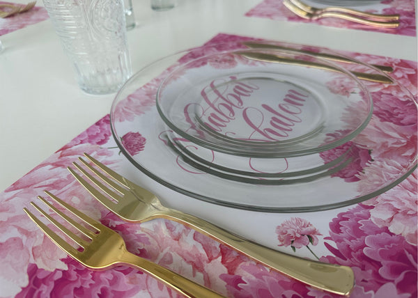 Shabbat Shalom pink peonies paper placemats