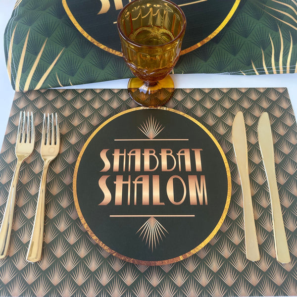 Shabbat Shalom placemat Art Deco style, gold and green
