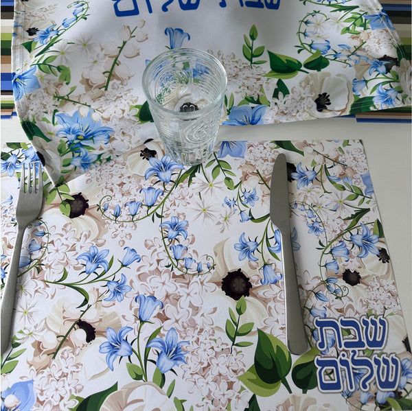 Shabbat Shalom blue flowers paper placemats