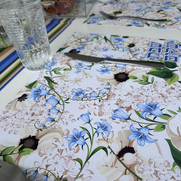Shabbat Shalom blue flowers paper placemats