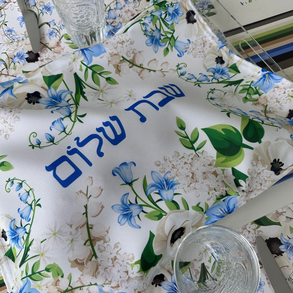 Shabbat Shalom Challah Cover, Blue Flowers