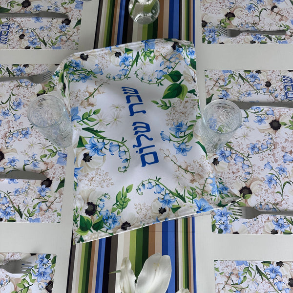 Shabbat Shalom blue flowers paper placemats