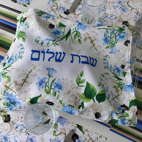 Shabbat Shalom Challah Cover, Blue Flowers