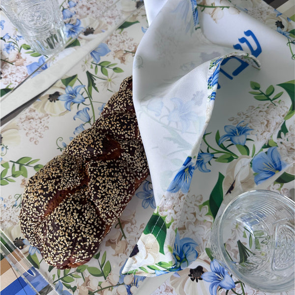 Shabbat Shalom Challah Cover, Blue Flowers