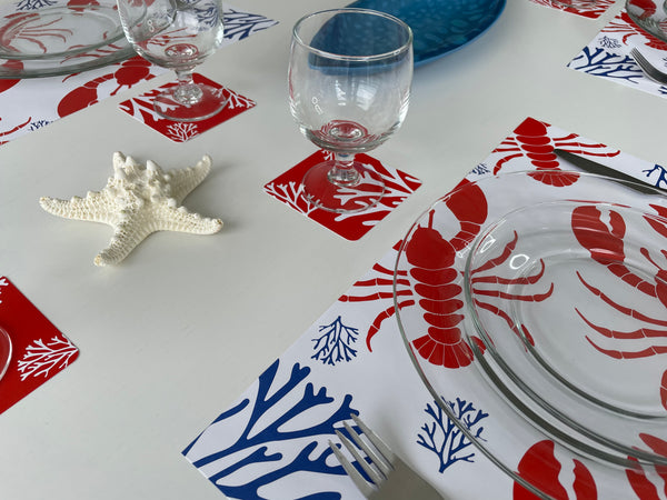 Nautical Placemats and Coasters Combo Set - Lobsters and Corals