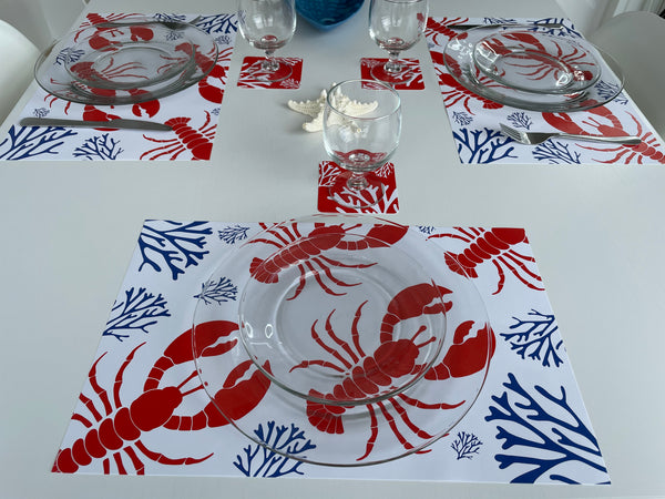 Nautical Placemats and Coasters Combo Set - Lobsters and Corals