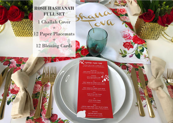 Rosh Hashanah table set for 12 ppl - Placemats, Challah Cover and Simanim Cards - Red roses & pom