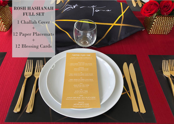 Rosh Hashanah table set for 12 ppl - Placemats, Challah Cover and Simanim Cards -Black & Gold