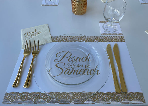 Passover Gold Lace SET - 12 Placemats + 12 Foil Napkins + 12 coasters plagues
