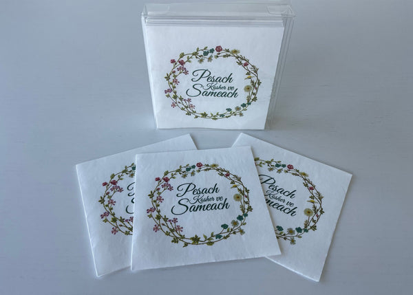 Passover Floral White Napkins - Pesach Kosher ve Sameach