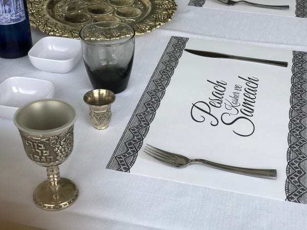 Passover placemats, Set of 12 paper placemats, lace, dark grey