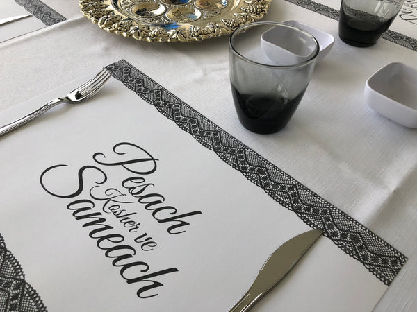 Passover placemats, Set of 12 paper placemats, lace, dark grey