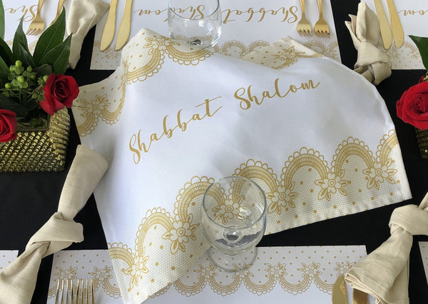 Shabbat Shalom Challah Cover, Gold Lace