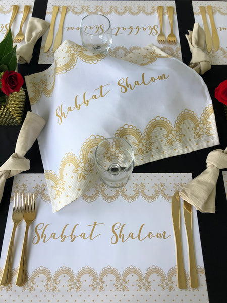 Shabbat Shalom Challah Cover, Gold Lace