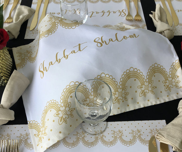 Shabbat Shalom Challah Cover, Gold Lace