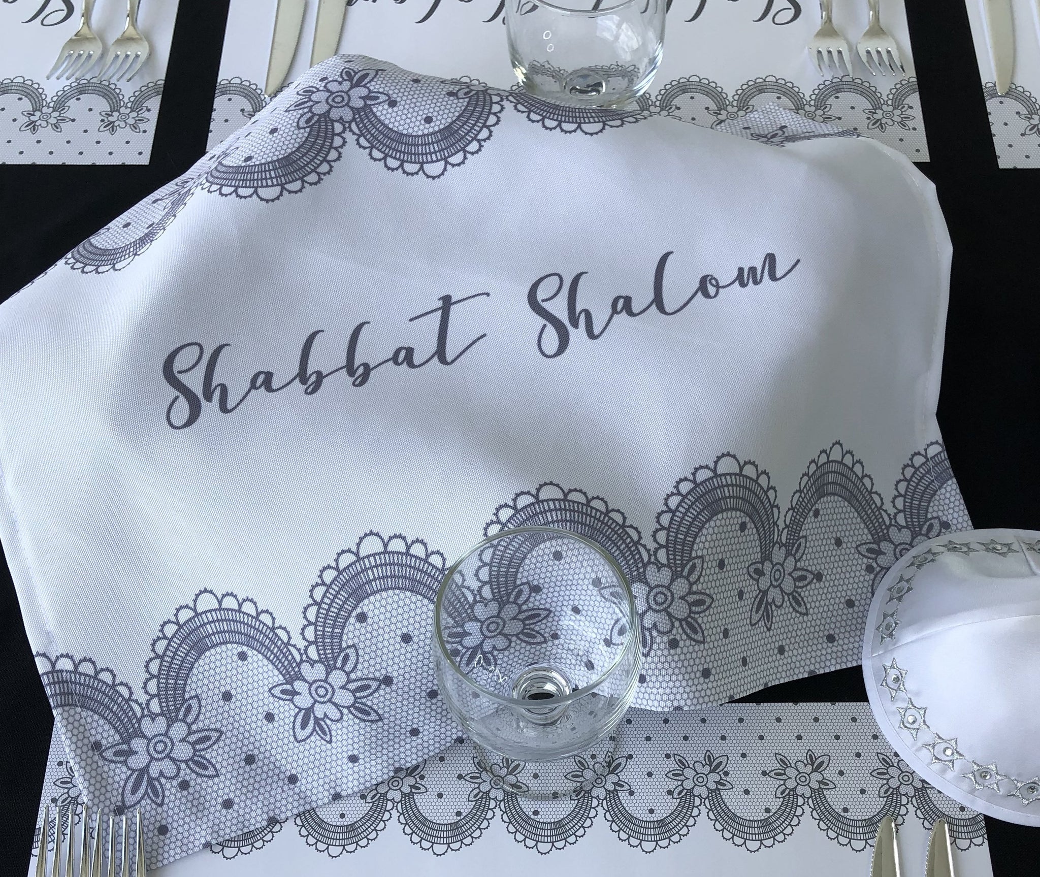 Shabbat Shalom Challah Cover, Grey Lace